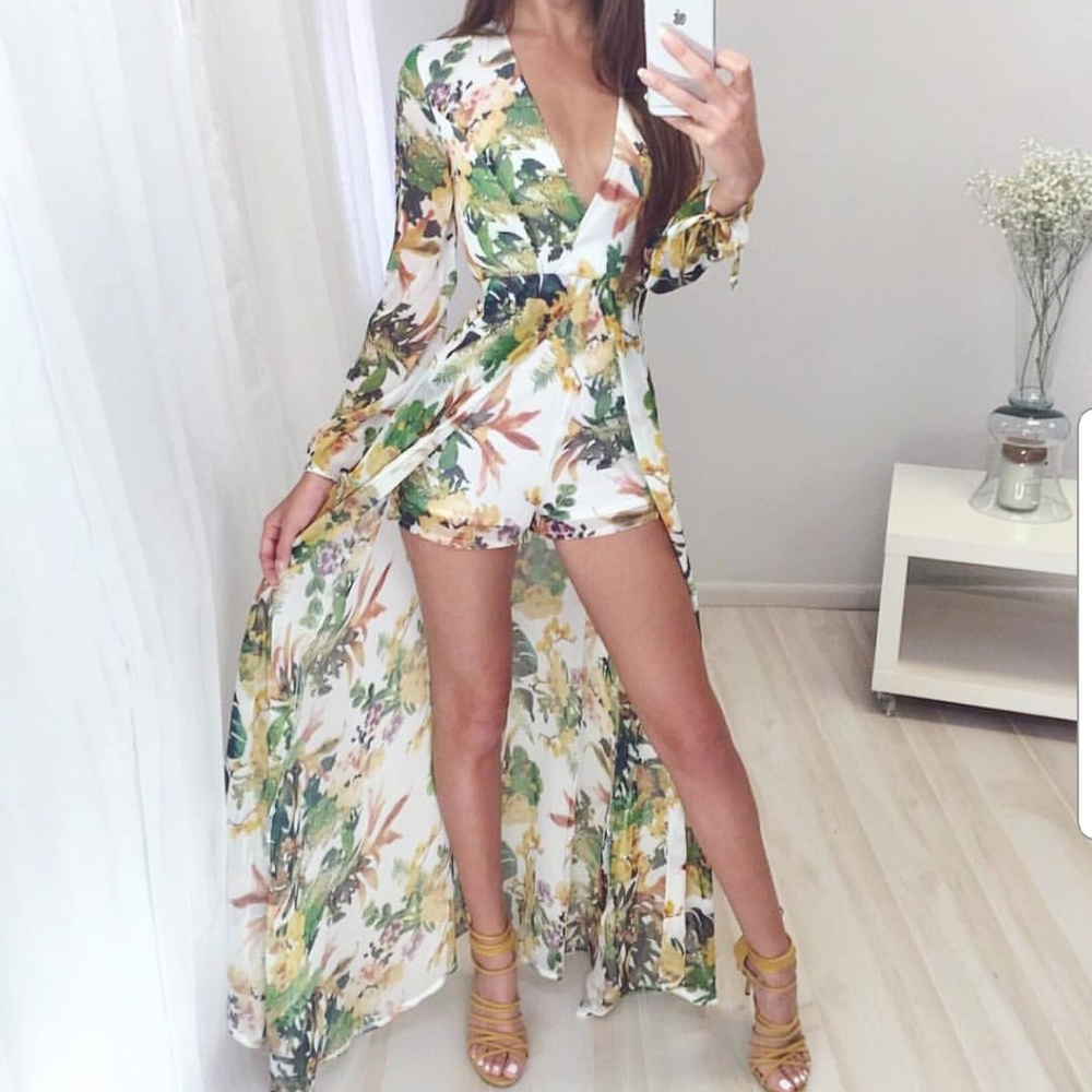 Luxxel White Floral Maxi Romper with Green & Yellow Print